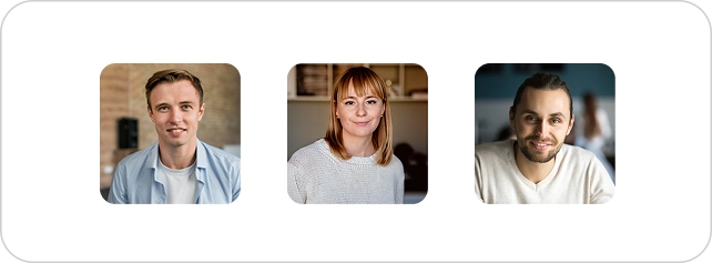 Drie teamleden van Deepler met portretfoto's tegen verschillende achtergronden.